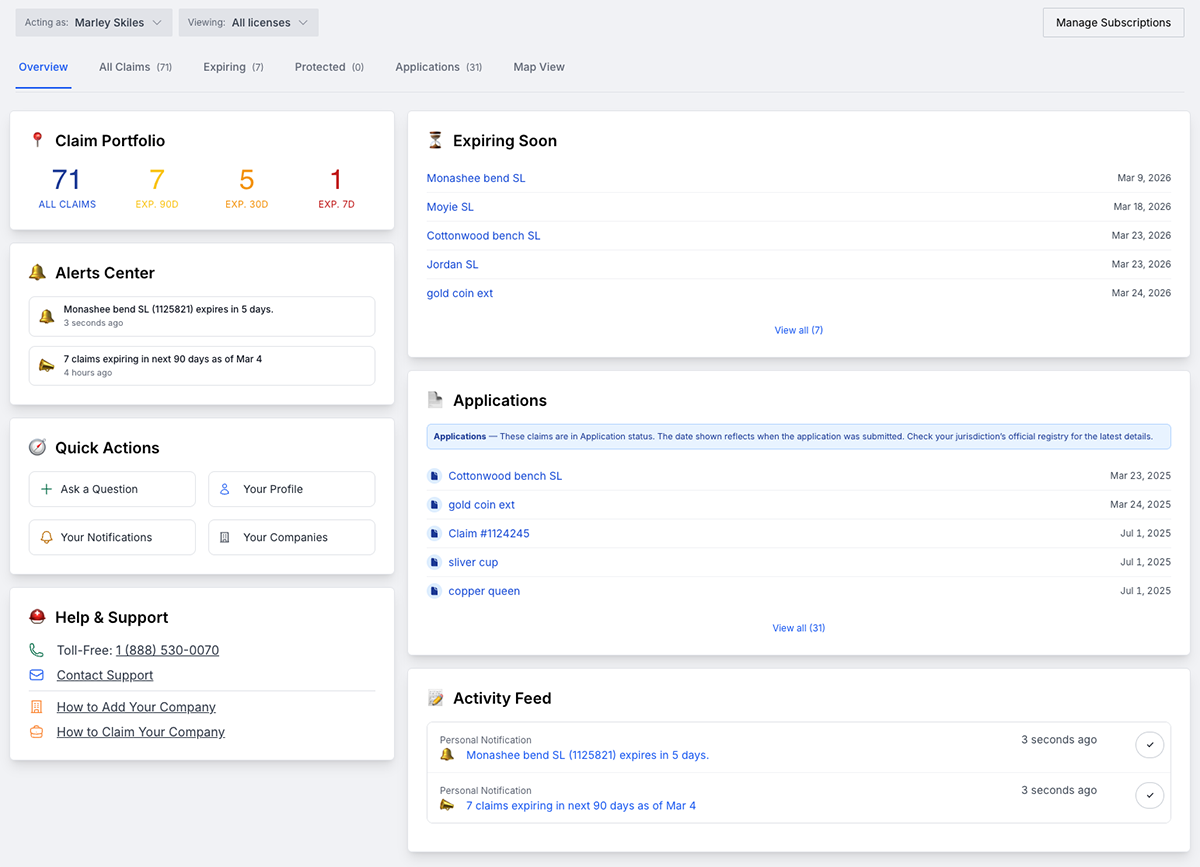 ClaimsPro dashboard with claim deadlines and portfolio activity