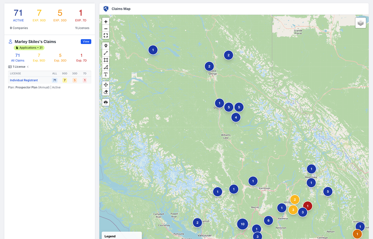 ClaimsPro map displaying a claim portfolio across British Columbia